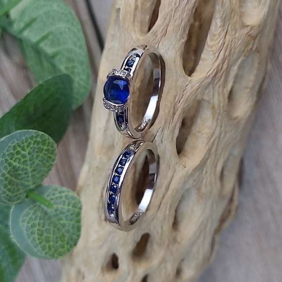 BLUE SAPPHIRE AND SILVER TWO PIECE RING SET - Picture 1 of 8